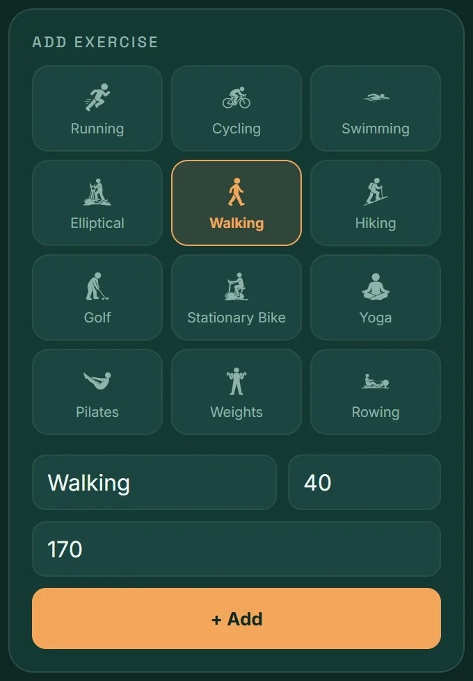 VitaLinks Exercise tab: activity icons with Walking selected, 40 minutes and 170 kcal.