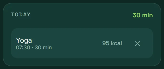 Today’s exercise list in VitaLinks: yoga, 30 minutes, 95 kcal.