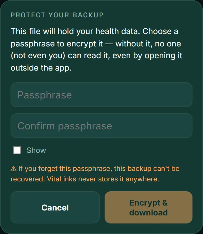 Protect your backup window: passphrase, confirmation and the Encrypt and download button.