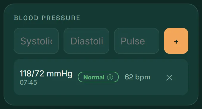 VitaLinks Blood pressure card with a 118/72 mmHg reading marked Normal.