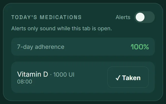 Today’s medications card: Vitamin D at 08:00 marked as taken and 100% adherence.