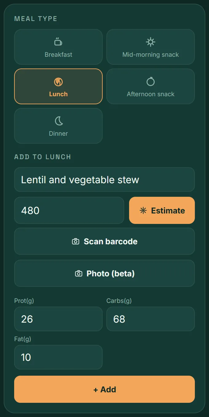 The Meals tab form: meal type, description, calories, Estimate button and macronutrients.