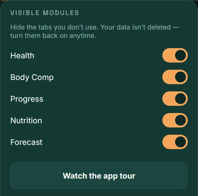 VitaLinks Settings: the Visible modules switches.