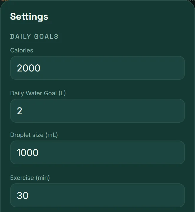 VitaLinks Settings: daily goals for calories, water, droplet size and exercise.