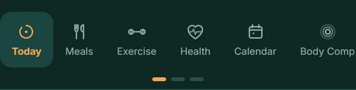 VitaLinks tab strip on a phone: Today, Meals, Exercise, Health, Calendar and Body Comp.