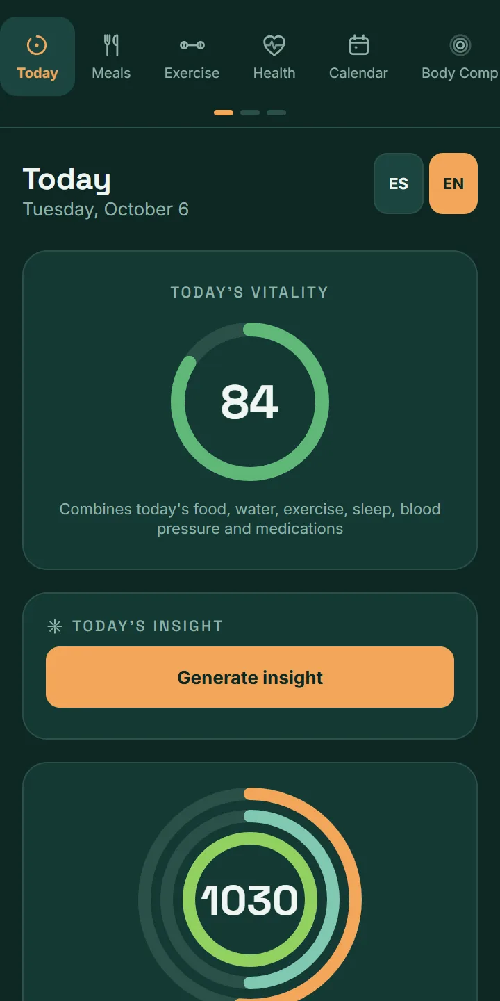 VitaLinks Today screen with the day’s vitality score.