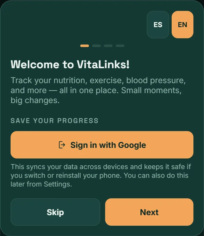 VitaLinks welcome screen with the Sign in with Google button.