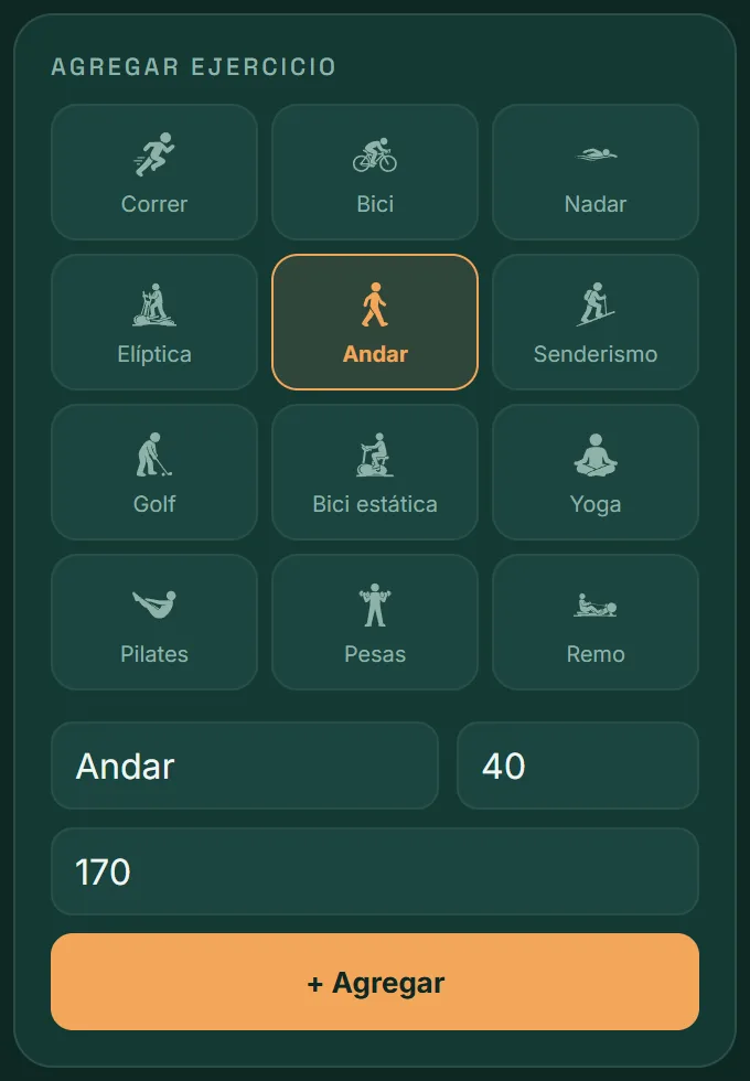 Pestaña Ejercicio de VitaLinks: iconos de actividades con Andar elegido, 40 minutos y 170 kcal.