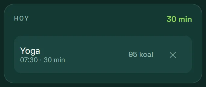 Lista de ejercicio de hoy en VitaLinks: yoga, 30 minutos, 95 kcal.