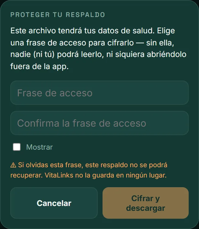 Ventana Proteger tu respaldo: frase de acceso, confirmación y botón Cifrar y descargar.