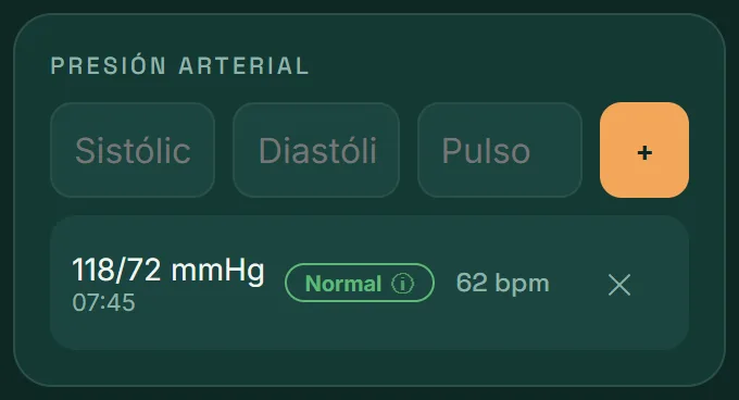 Tarjeta Presión arterial de VitaLinks con una lectura de 118/72 mmHg marcada como Normal.
