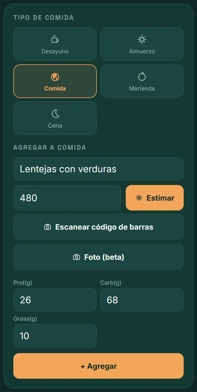 Formulario de la pestaña Comidas: tipo de comida, descripción, calorías, botón Estimar y macronutrientes.