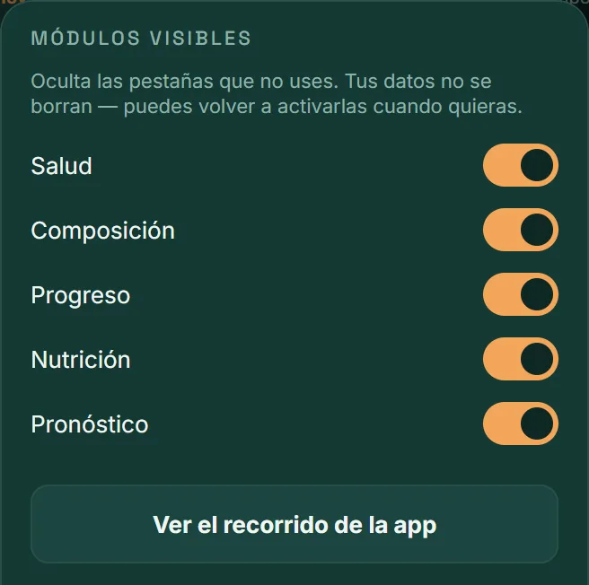 Ajustes de VitaLinks: interruptores para mostrar u ocultar las pestañas Salud, Composición, Progreso, Nutrición y Pronóstico.