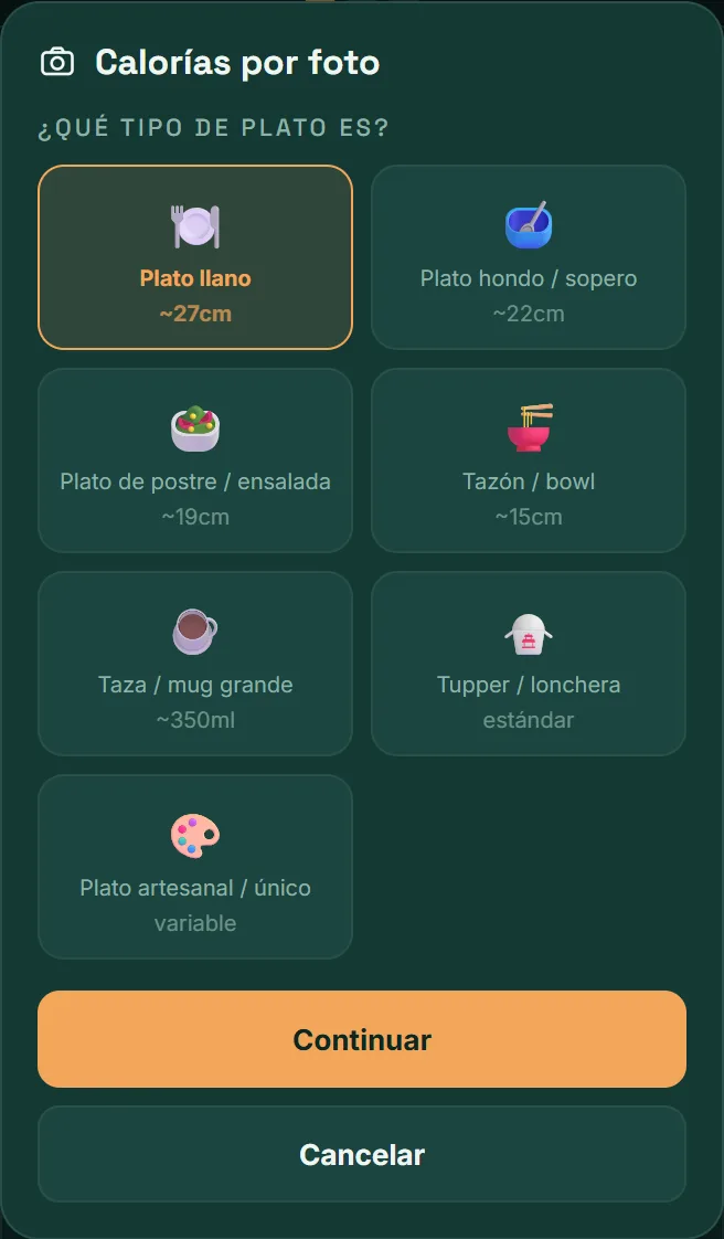 Calorías por foto: selección del tipo de plato.
