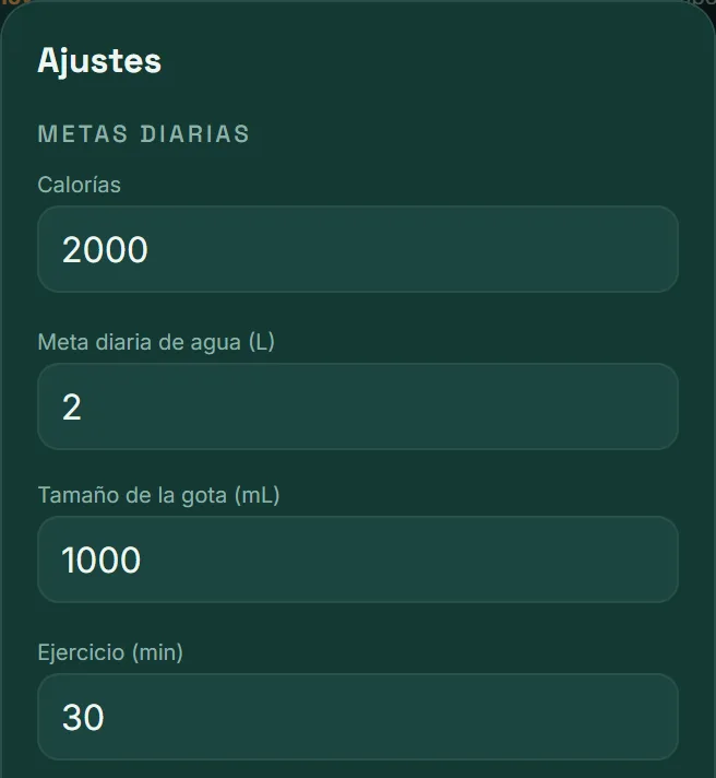 Ajustes de VitaLinks: metas diarias de calorías, agua, tamaño de la gota y ejercicio.