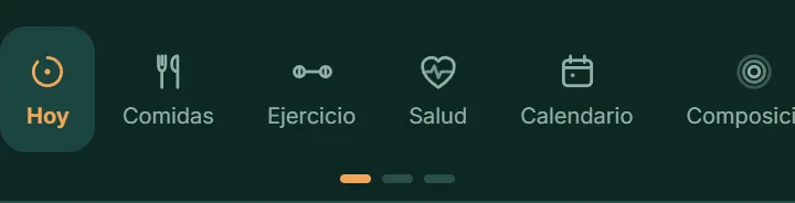 Tira de pestañas de VitaLinks en el móvil: Hoy, Comidas, Ejercicio, Salud, Calendario y Composición.