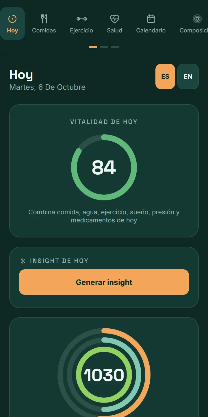 Pantalla Hoy de VitaLinks con la puntuación de vitalidad del día.