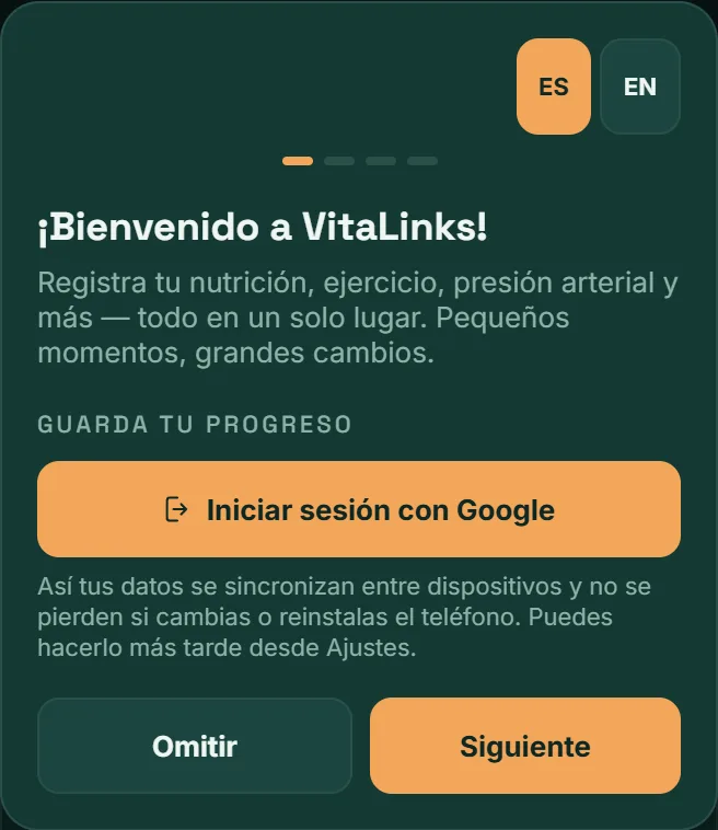Bienvenida de VitaLinks con el botón Iniciar sesión con Google.