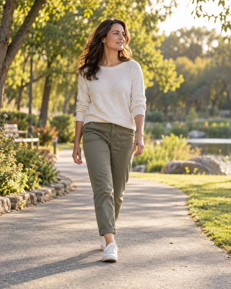 Una persona camina tranquilamente por un sendero de parque con luz cálida de tarde.