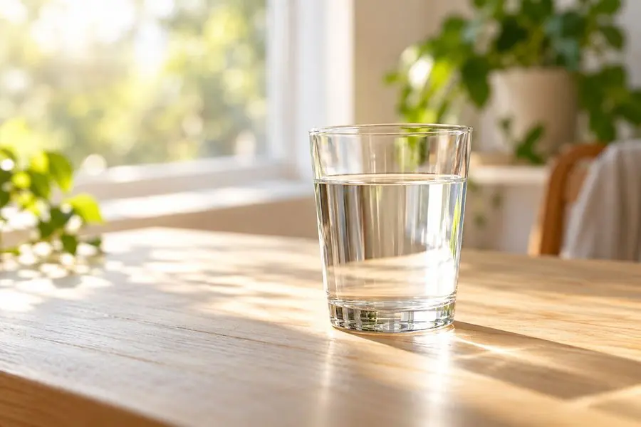 Un vaso de agua sobre una mesa de madera junto a una ventana iluminada.