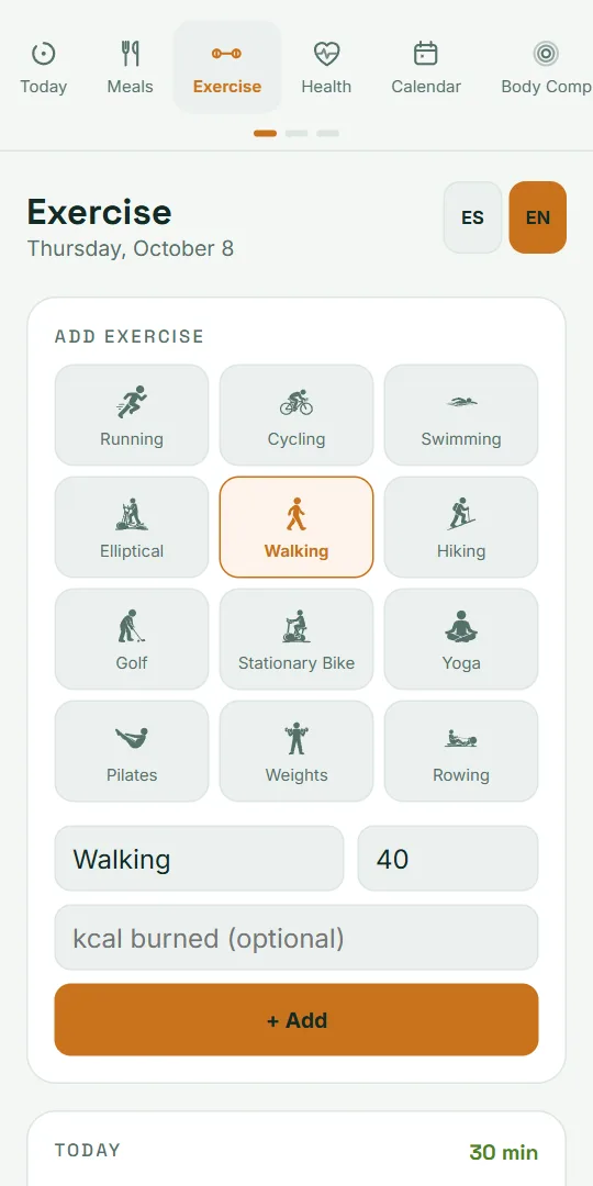 VitaLinks Exercise screen: activities to choose from, with Walking selected.