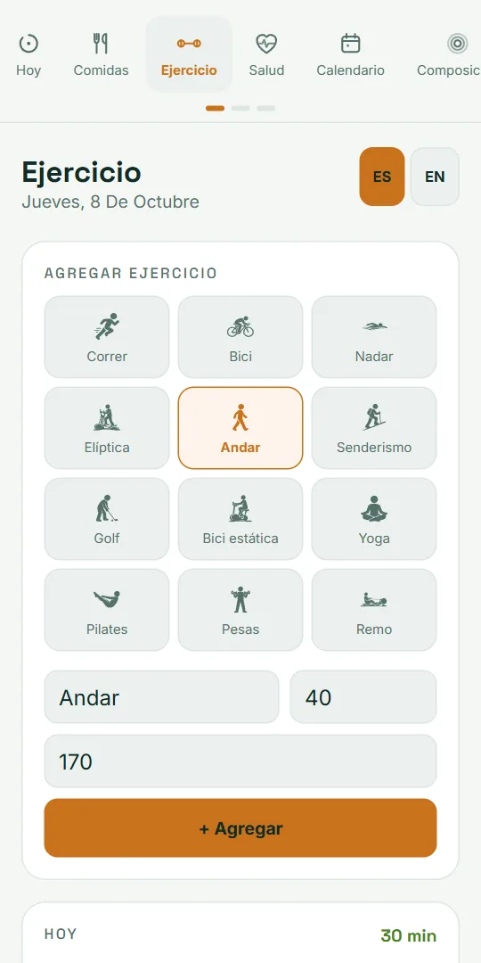 Pantalla Ejercicio de VitaLinks: actividades para elegir, con Andar seleccionado.
