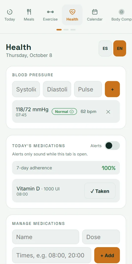 VitaLinks Health screen: blood pressure log and today’s medications.