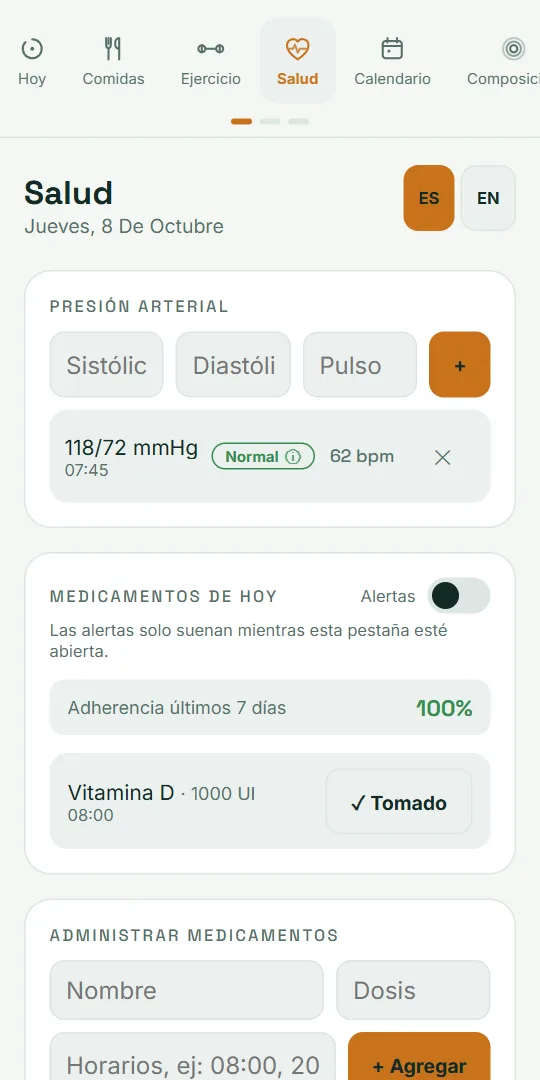 Pantalla Salud de VitaLinks: registro de presión arterial y medicamentos del día.