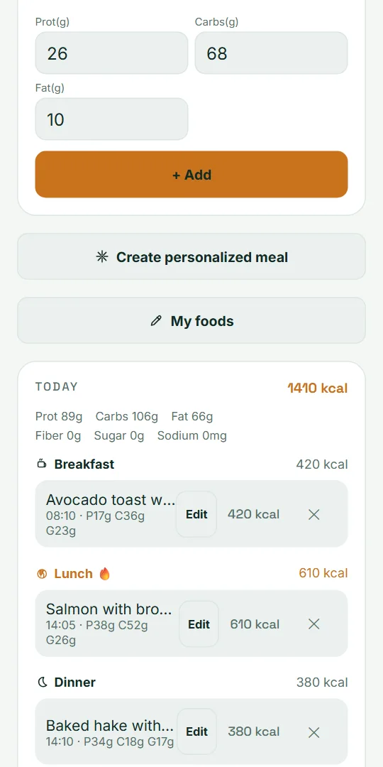 VitaLinks Meals screen: a meal about to be added, personalized meals and today’s list with its calories.