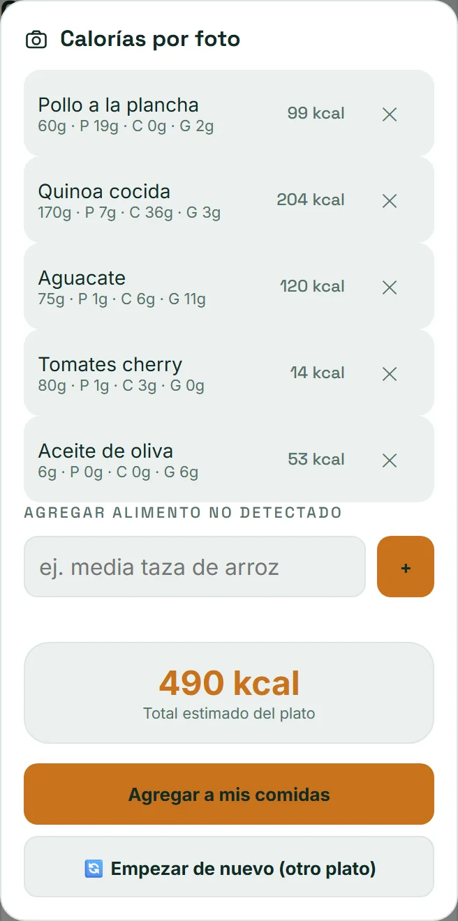 Resultado de calorías por foto en VitaLinks: los alimentos del plato y un total estimado de 490 kcal.