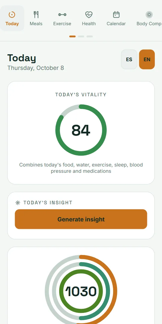 VitaLinks Today screen: the day’s vitality score and a summary of calories, water and exercise.