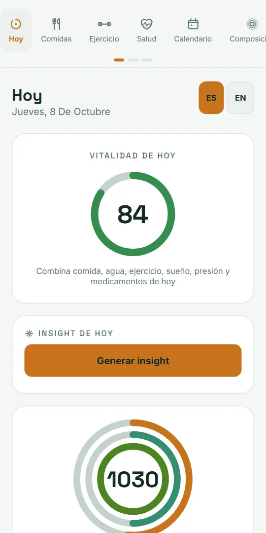 Pantalla Hoy de VitaLinks: puntuación de vitalidad del día y resumen de calorías, agua y ejercicio.